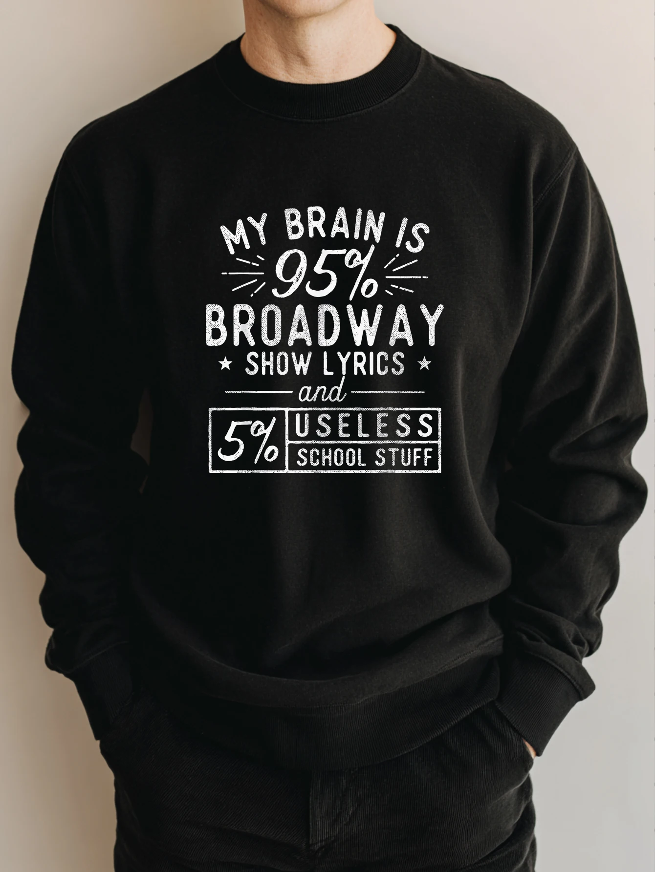 سترة سوداء برقبة دائرية "دماغي هو 95% كلمات برودواي ومعرفة مدرسي 5% غير فائدة" مطبوعة، سترة كاجوال #1