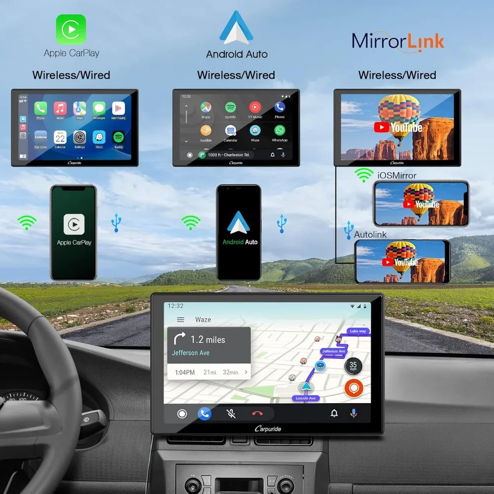 W901 Pro Portable Carplay & Android Auto with Dula Bluetooth, 9 inch 1080P Touch Screen, Mirror Link/GPS/Siri/FM, Support