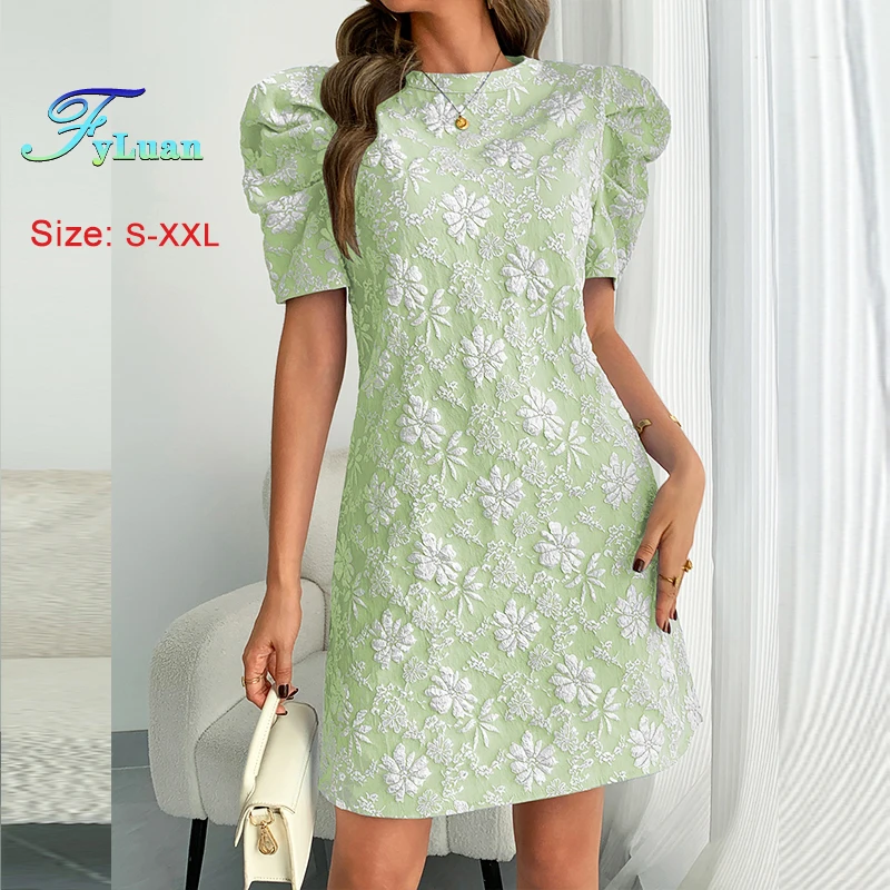 Sommer Retro Stil frauen Kleid Rundhals Blase Hülse Jacquard Textur Schlank Mini Kleid Mode Bankett Elegante Süße Kleid