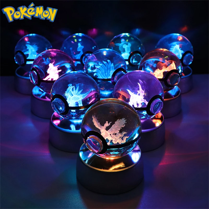 Pokemon 3D Crystal Ball Butterfree Cubone Figure Toy Pokeball Ditto Lucario Lapras Lugia Arceus Model With Led Light Base Dolls