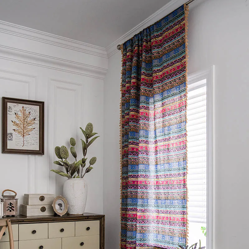 

Semi Blackout Curtains for Living Room Kitchen Bedroom Home Decor Bay Window Curtain Bohemian Style Geometric Print With Tassels