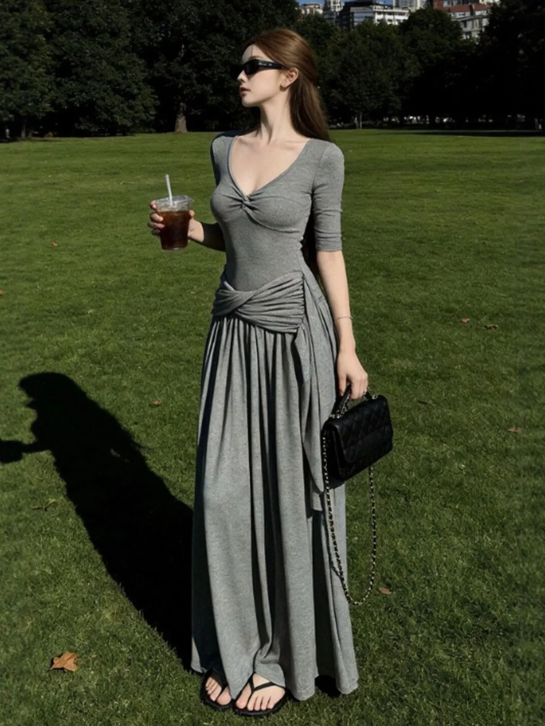 

Korean Style Slimming V-Neck Waist-Cinching Dress Beautiful Unique Long Summer Dress for Women Casual City Commute Travel