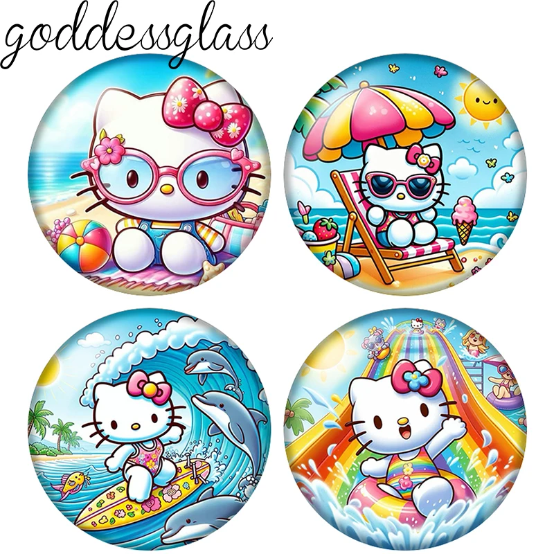 Sommerliche Urlaubsszubereitung am Meer: Katze surft – Runde 12mm/18mm/20mm Foto-Glascabochons mit flacher Rückseite für Schlüsselanhänger und Schmuckherstellung