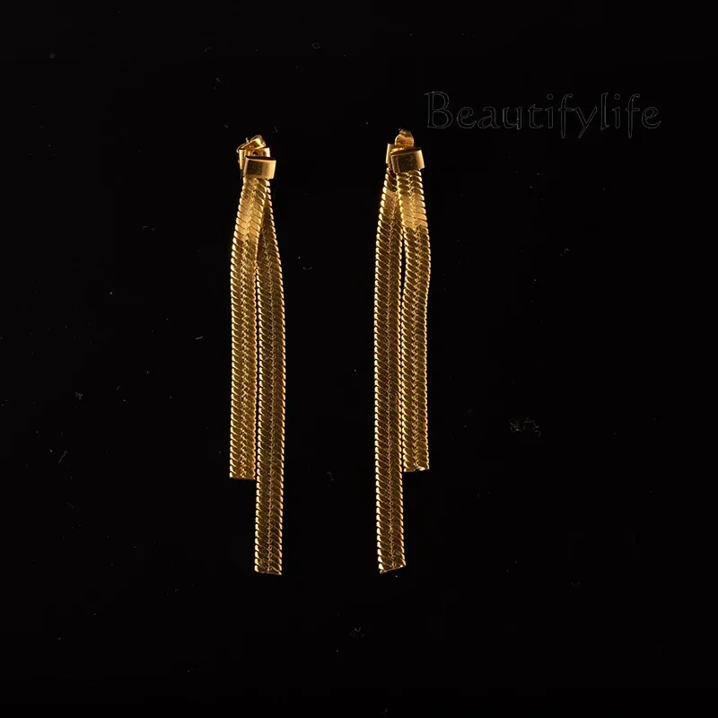 European and American style long metal snake bone chain front and rear earrings 18K gold earrings creative personality