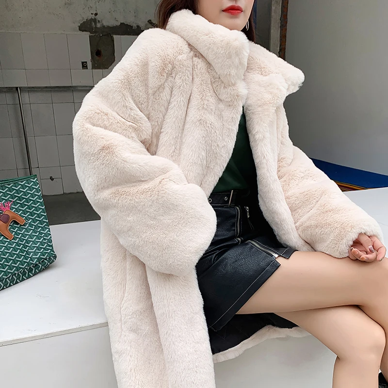 Winter new faux fur mink plush long coat stand-up collar over-the-knee thickened loose coat women