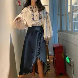 2024 Summer Women's Denim Skirt Set Fashion New Loose Bishop Sleeve Shirt + Asymmetric Fishtail Long Skirt 2pc Suit Y2K Outfits