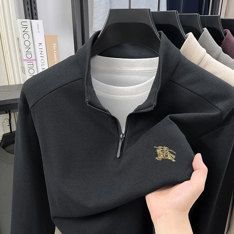 Original designer autumn new item Paul brand pony embroidered zipper half high neck pullover fashionable men velvet warm T-shirt