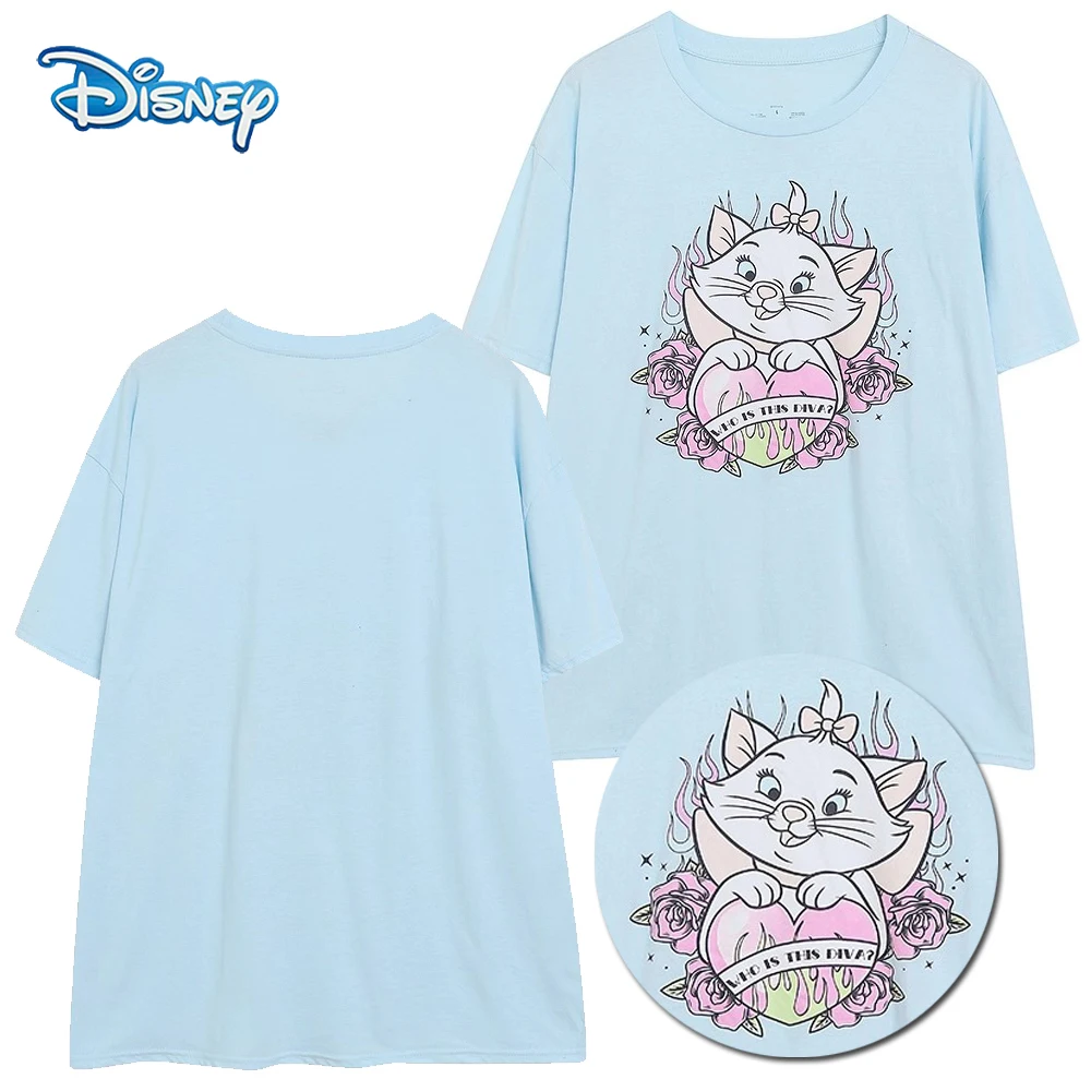 

Футболка с мультяшным принтом Disney Marie, кошка, сердце, цветок, повседневная женская футболка с коротким рукавом и круглым вырезом, пуловер, синие футболки, женская уличная одежда