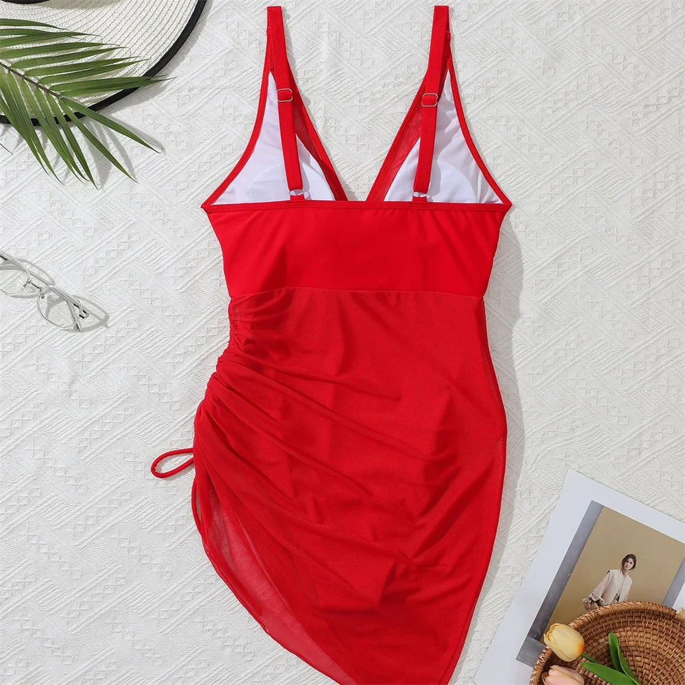 Sexy Mesh Splicing Bikini V Neck Swimsuit Dress Women One-piece Sheer Vacation Swimwear Drawstring Skirt Beach Outfit Set Trajes