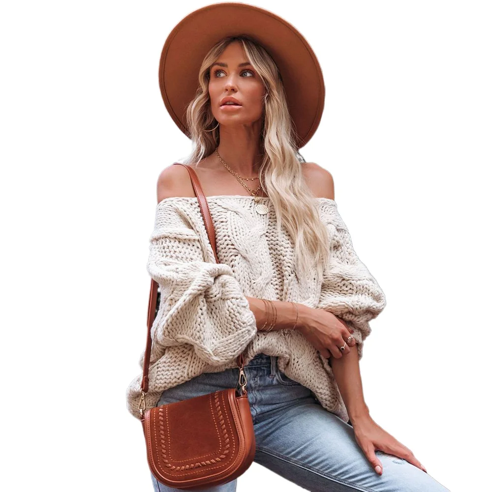 

new street style one-word slash neck twist pullover loose sweater for women