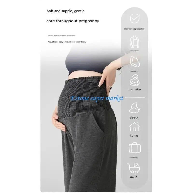 090B Supportive Belly Wide Leg Casual Pants for Pregnancy Comfort Polyester Fabric