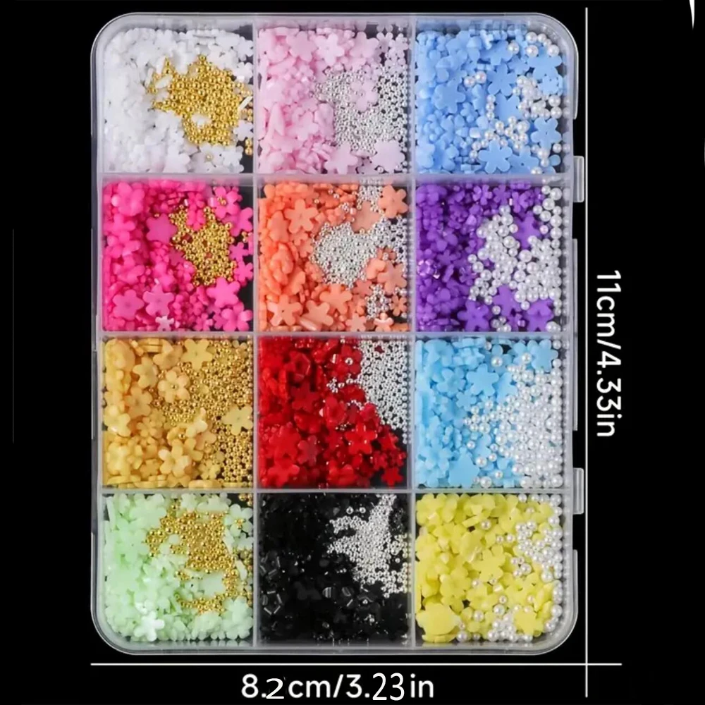 Breloques pour ongles en forme de fleur à cinq pétales 3D, 12 grilles, avec perle de Caviar or et argent, fleurs en perles, décorations pour Nail Art, accessoire de manucure à faire soi-même