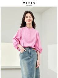 Vimly Cotton 100% Pink Blouse for Women 2024 French Style Elegant Spring Summer Simple Shirt Three Quarter Sleeve Tops M6135