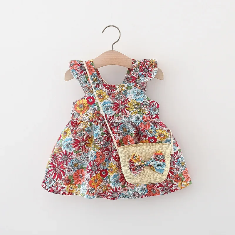 Summer Baby Girl\'s Dress New Vintage Garden Flower Flying Sleeve Dress with Straw Bag