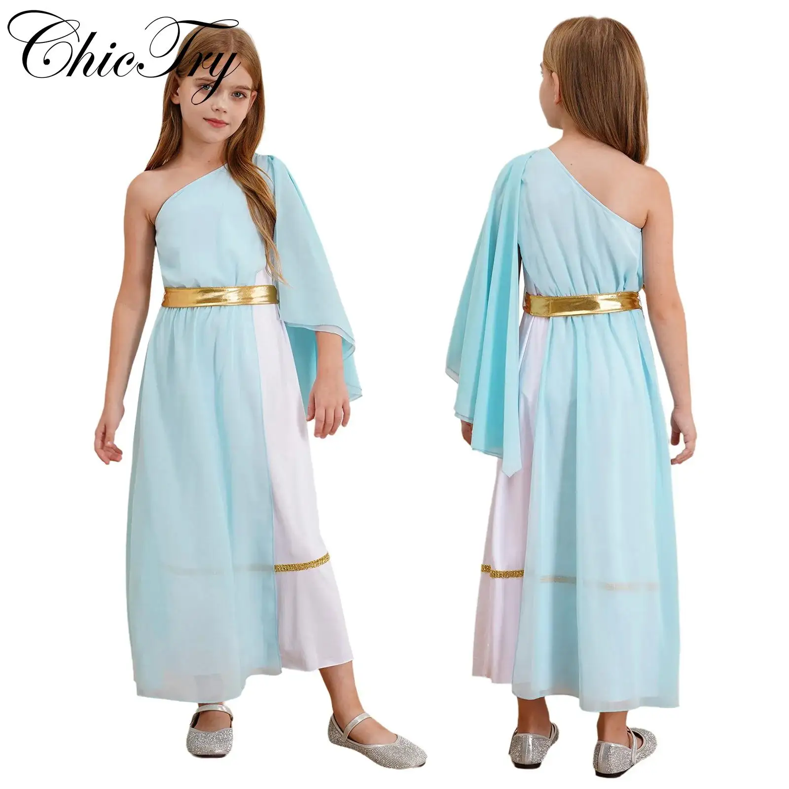 Kid Girls Ancient Greek Princess Toga Goddesses Costume One Shoulder Sleeveless Halloween Grecian Gown Flowy Tulle Cosplay Dress