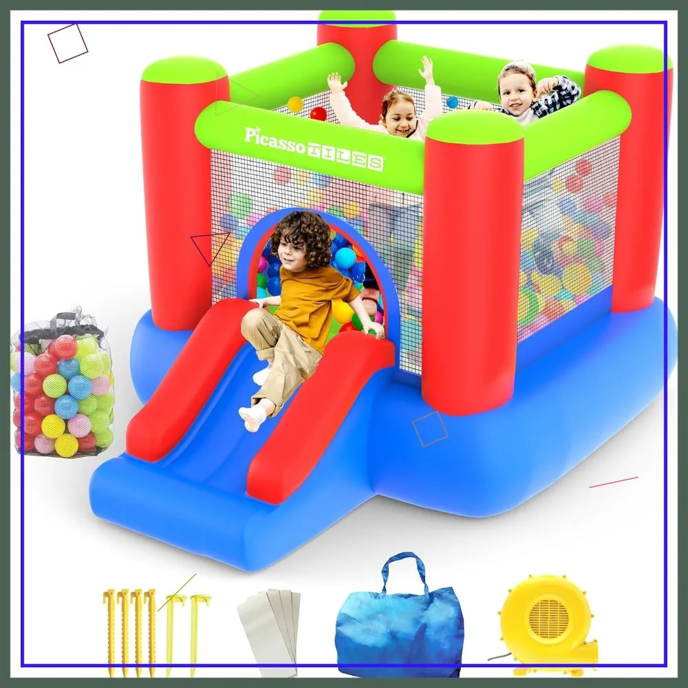 

8x7ft Inflatable Bouncer with Slide, 50 Pit Balls, Mesh Protection, ETL Certified Blower