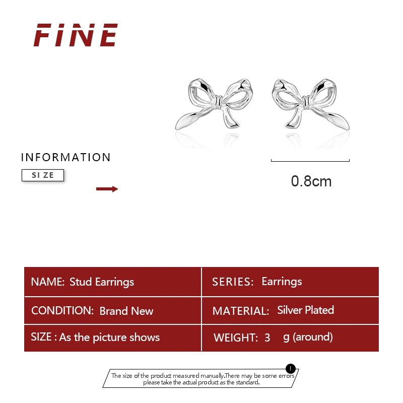 Fashion 925 Silver Needles Sweet Cute Bow Stud Earrings for Women Silver Color Simple Minimalist Ear Piercing Jewelry Gift