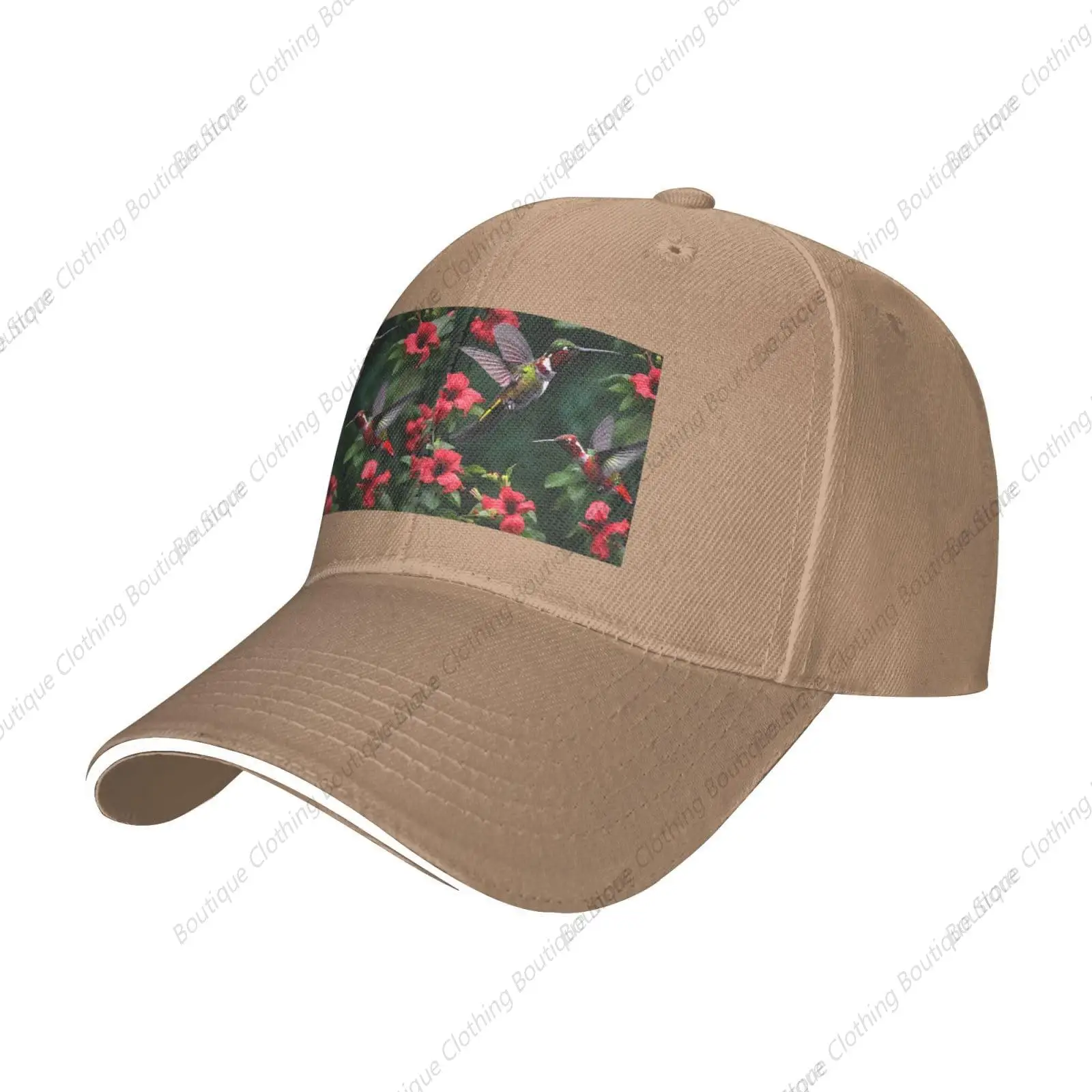 Hummingbirds Red Flowers Hibiscus Print Sandwich Baseball Cap, Classic Baseball Cap, Adjustable Fashion Outdoor Cap