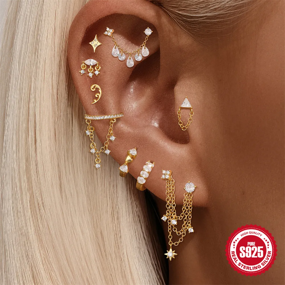 

Canner 925 Sterling Silver Geometric Tassel Chain/Star Stud Circle Earring For Woman 18K Gold DIY Piercing Earring Jewelry Gift