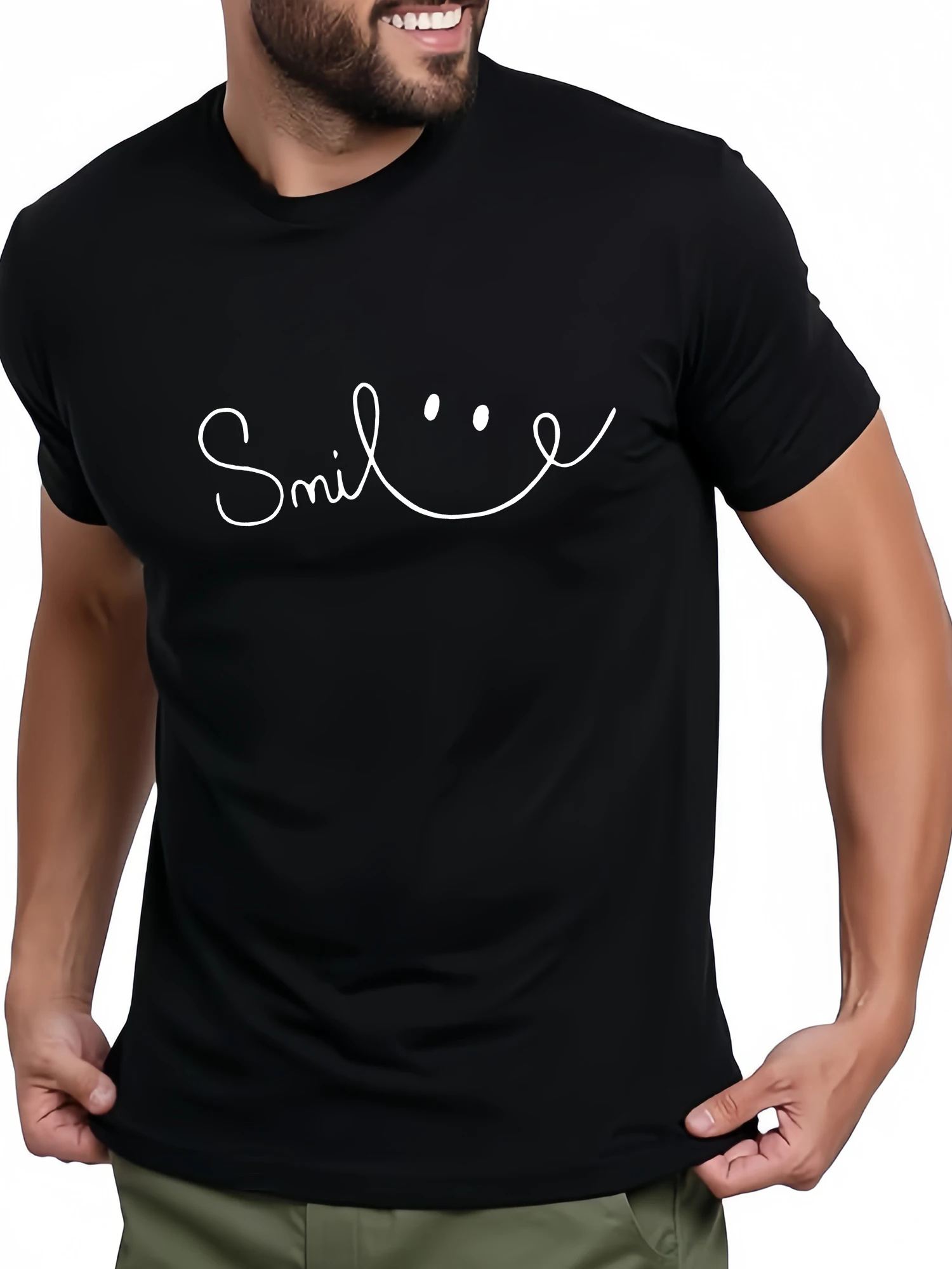 Smile: Hand-drawn Smile-Shaped Line Print Black T-Shirt—Minimalist, Soothing, and Gentle Style; Unisex Casual Short-Sleeve T-Shirt 000562