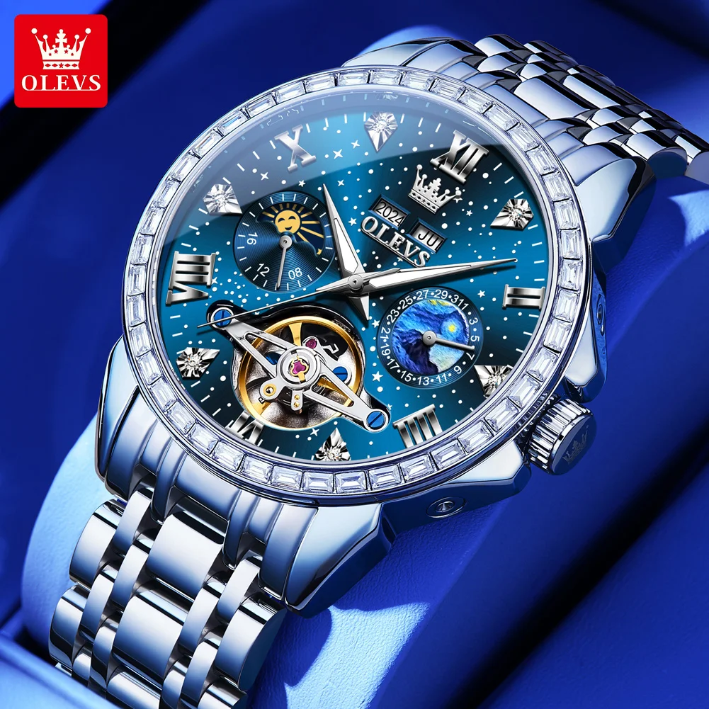 

OLEVS Brand Fashion Blue Starry Sky Mechanical Watch for Men Stainless Steel Waterproof Moon Phase Luxury Tourbillon Watches Men