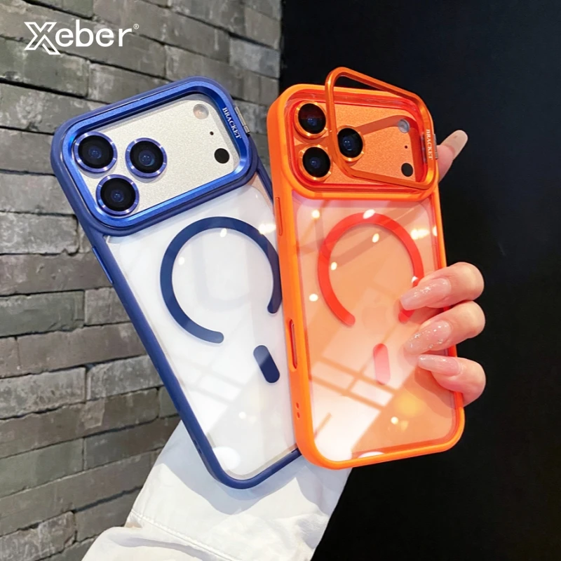 Für Magsafe Magnetische Linsenschutz Ständer Telefon Fall Für iPhone 17 16 15 14 13 12 11 Pro Max Plus Transparent Metall klar Abdeckung