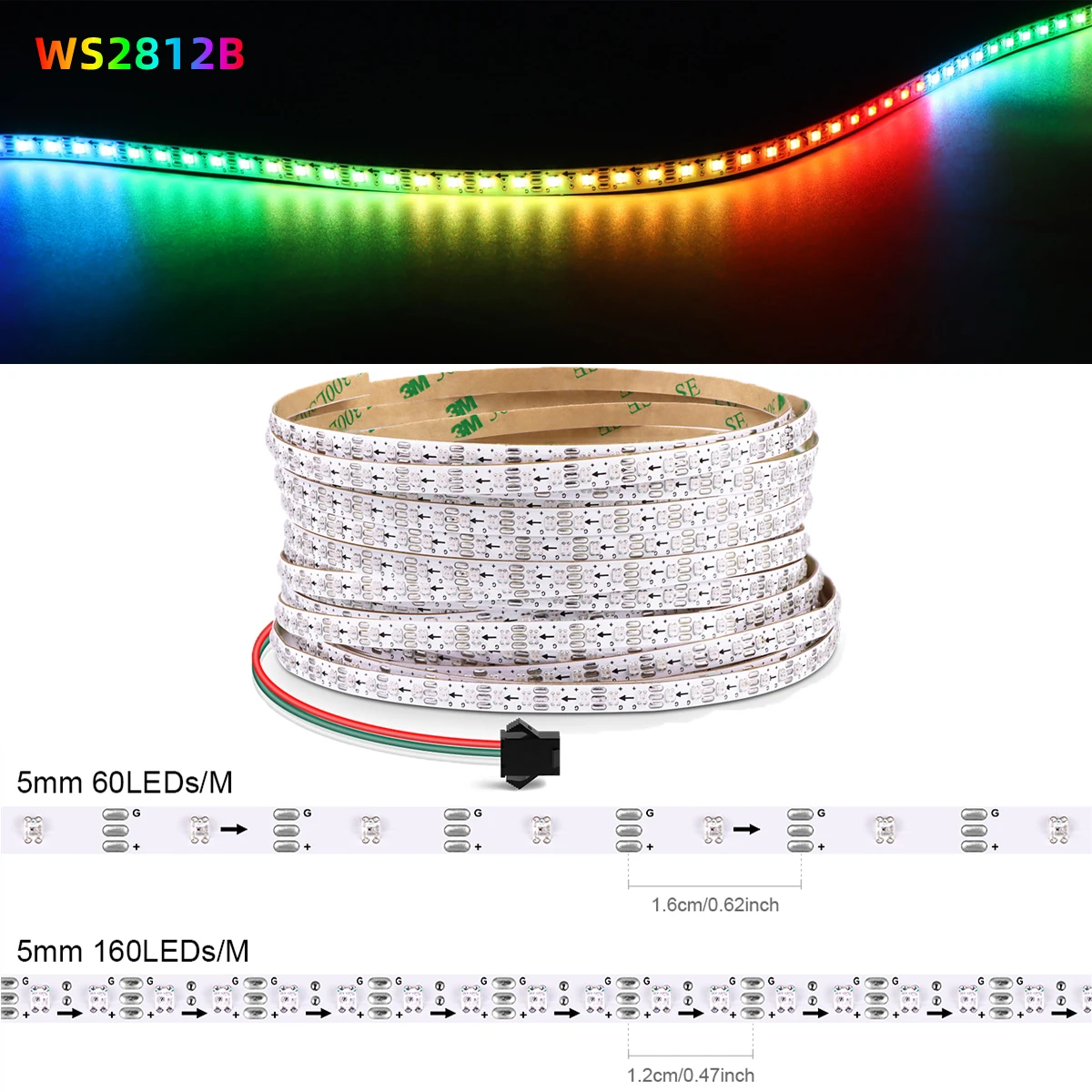 3M 5M 10M WS2812B RGBIC Led Strip Lights Smart Pixels Individually Addressable DC5V 60/160Leds/m 5mm Dream Color Neon Sign Tape