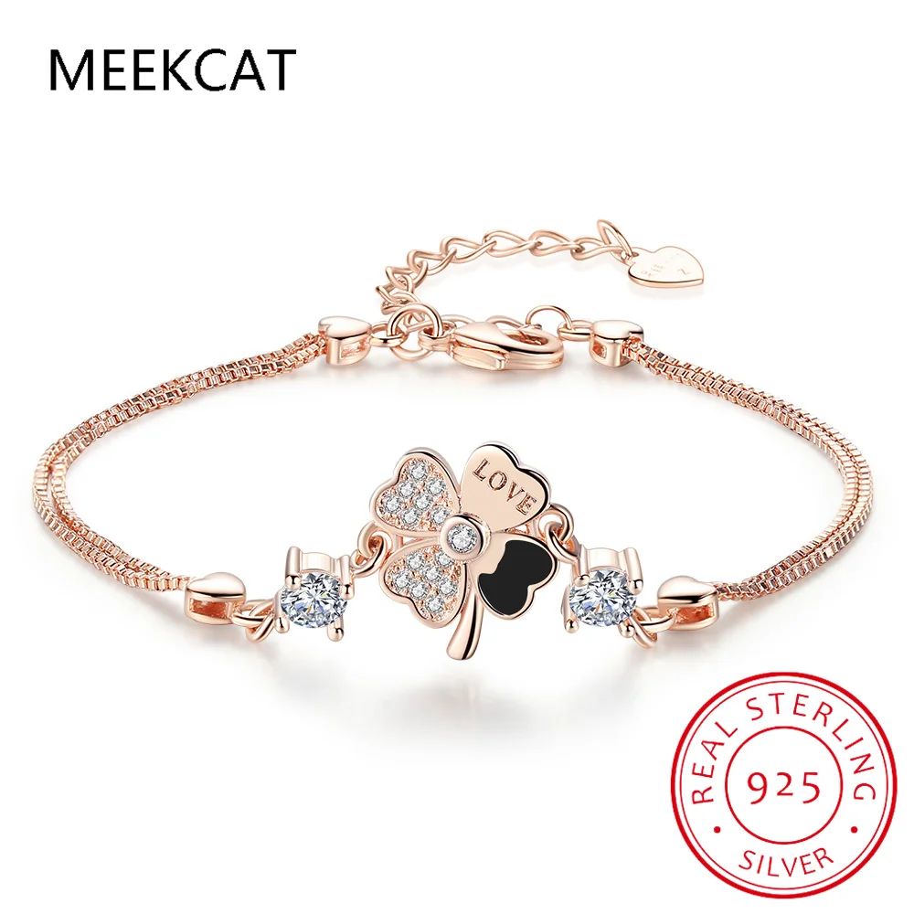 925 Solid Sterling Silver Double Layer Heart CZ Four Leaf Clover Bracelet for Women Daugther Birthday Fine Jewelry DS4064