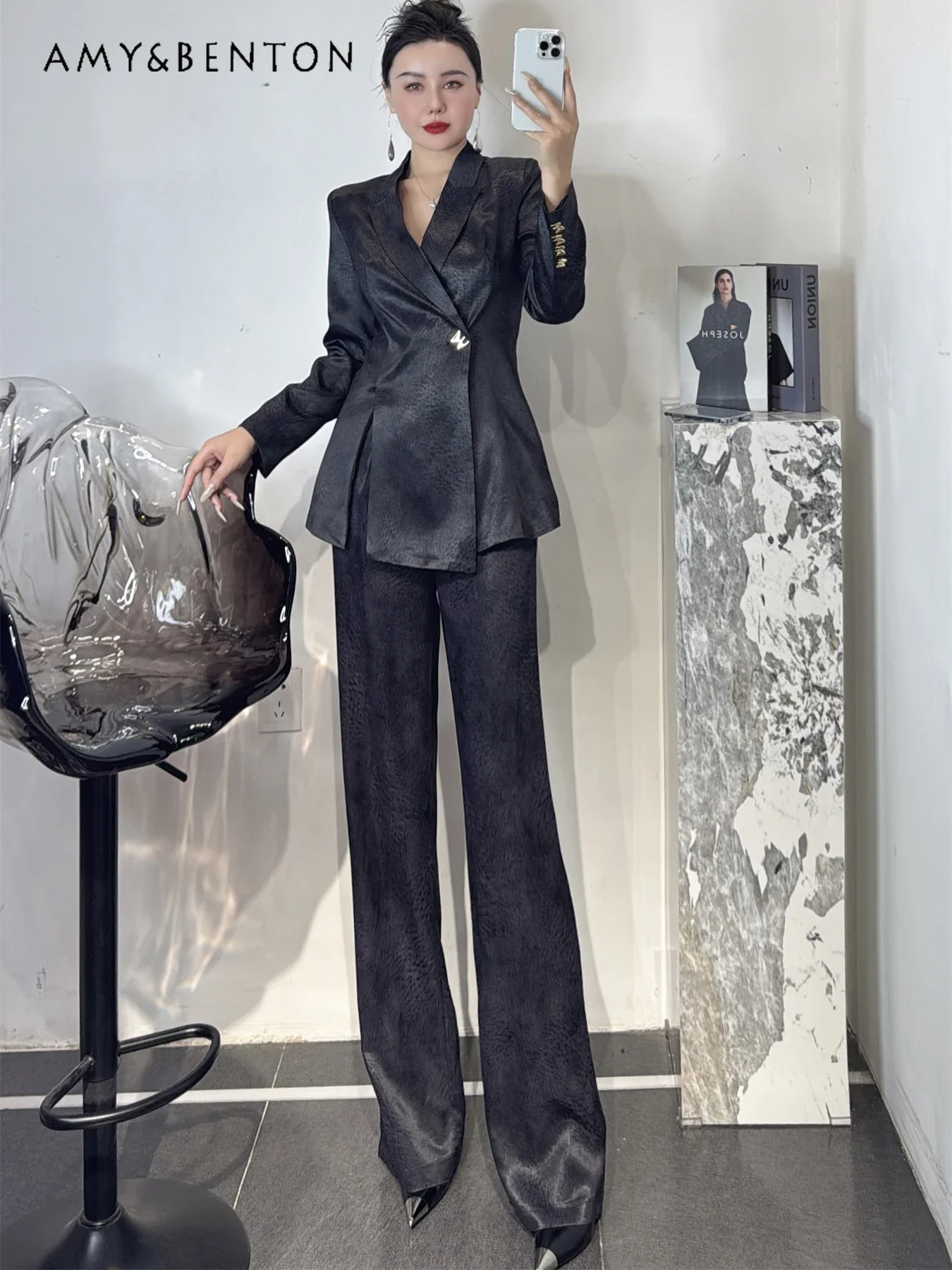 

Early Autumn Business Wear High-Grade Heavy Industry Jacquard Slim Slit Suit Jacket Wide-Leg Pants Commute Style Two-Piece Set