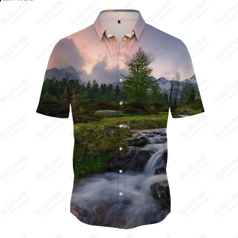 Summer Men's Short Sleeve Shirt Button Lined Cardigan Top 3D Print Plus Size Short Top Hawaii Landscape River Tour 2023 NewStyle