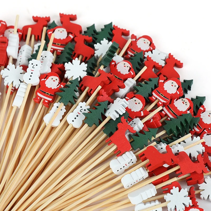 

100Pcs Christmas Disposable Bamboo Skewers Santa Xmax Tree Fruit Fork Buffet Dessert Cocktail Sticks Christmas Decoration 2025