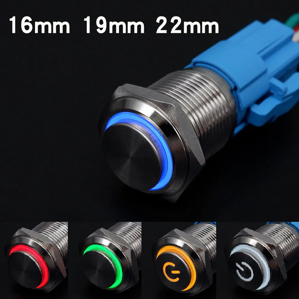 Metal Push Button Switch 16mm 19mm 22mm LED Light PC Power 12v with Wire High Head On Off Waterproof Momentary Latching 5v 220v