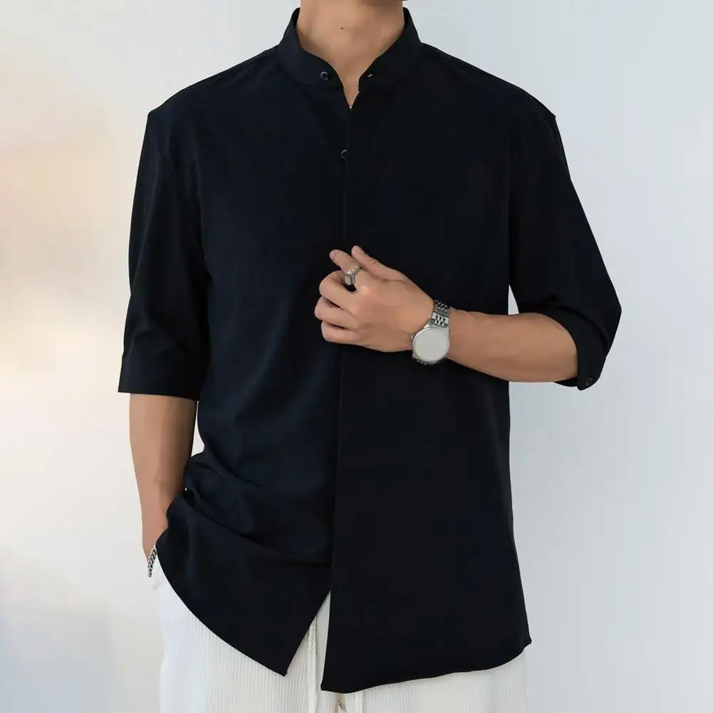 Camisa empresarial de gola Stand masculina, ajuste fino, mangas meias, cardigan de cor sólida para o trajeto do escritório, macio respirável, outono