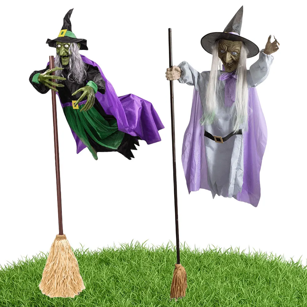 

Halloween Flying Witch Decor with Terrifying Sounds and Lights Light-Up LED Screaming Creepy Display for Garden Yard Lawn Indoor