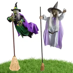 Halloween Flying Witch Decor with Terrifying Sounds and Lights Light-Up LED Screaming Creepy Display for Garden Yard Lawn Indoor