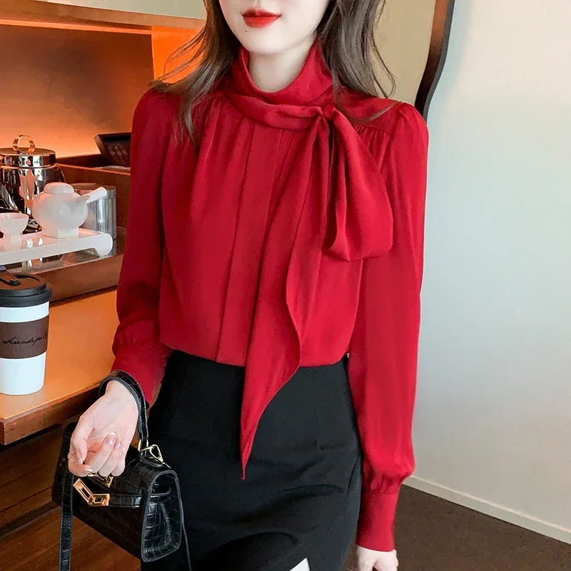 

Autumn Winter Women Long Sleeve Fashion Style Bowknot Solid Chiffon Shirt Women Tops Vetement Femme Chic Elegant Blouse