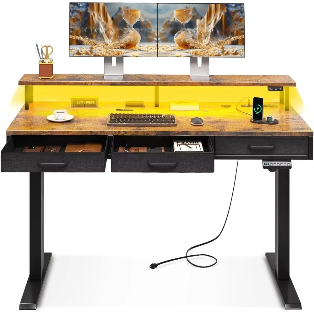 Electric Standing Desk with Drawers, 55 Inch Height Adjustable Gaming Desk with Power Outlets & LED Lights, Sit Stand Table