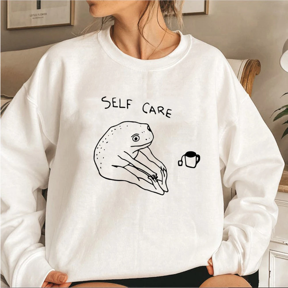 Funny Frog Self Care Retro Sweatshirt Cottagecore Frog Hoodie Women Long Sleeve Sweatshirt Pullover Graphic Hoodies Gift for Her