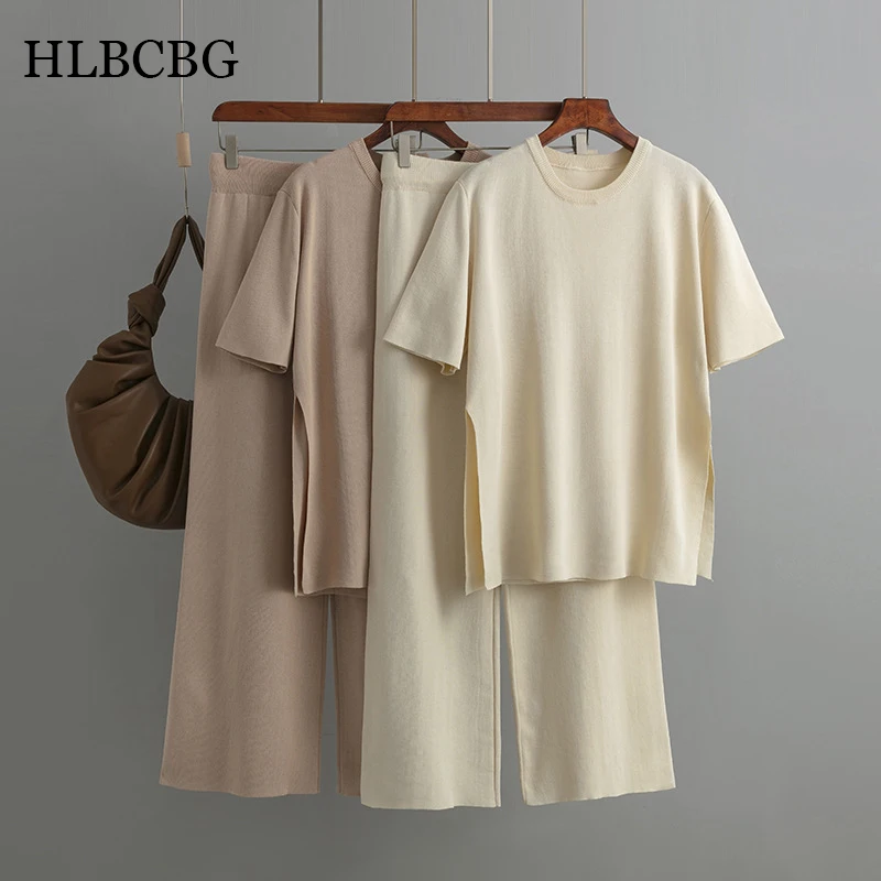 HLBCBG Loose Summer Cool Knitted Women's Trousers Two Piece Set Solid Short Sleeve Knitting Wide Leg Pants Sets Casual Suits