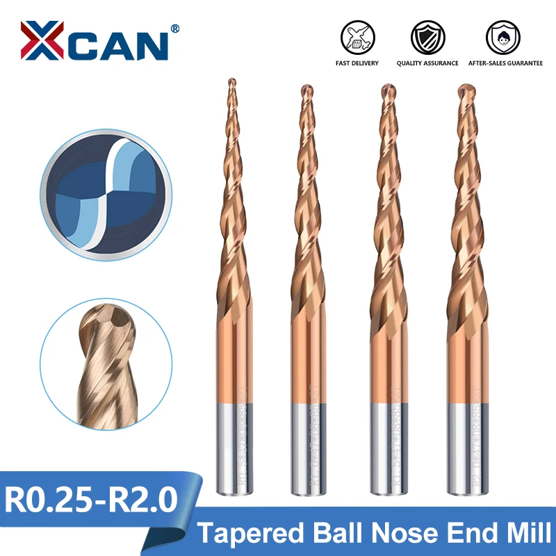 Xcan-ball Nose Cônico End Mill Carbide Milling Cutter Cnc Spiral Router Bit Madeira Metal Milling Tool 3d Carving Bit Flauta