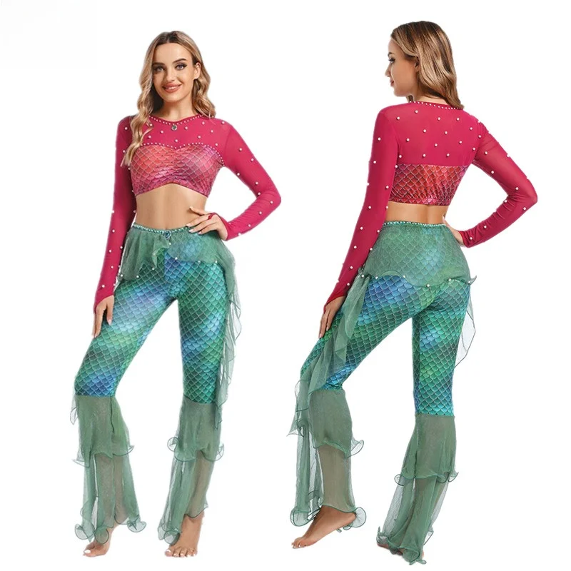 

Костюм русалки для выступлений на Хэллоуин, женский костюм для танца живота, раздельный, в пляжном стиле, новинка, 100% полиэстер