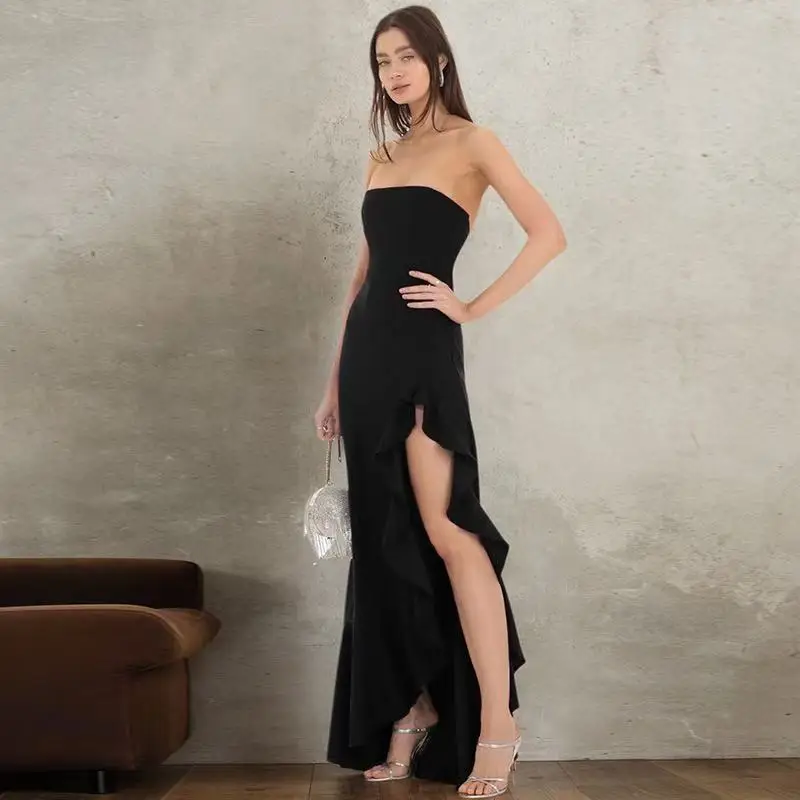 Fashion Off-shoulder Strapless Backless High Split Maxi Dress Sexy Solid Sleeveless Bodycon Boho Gown Summer Party Holiday Ware