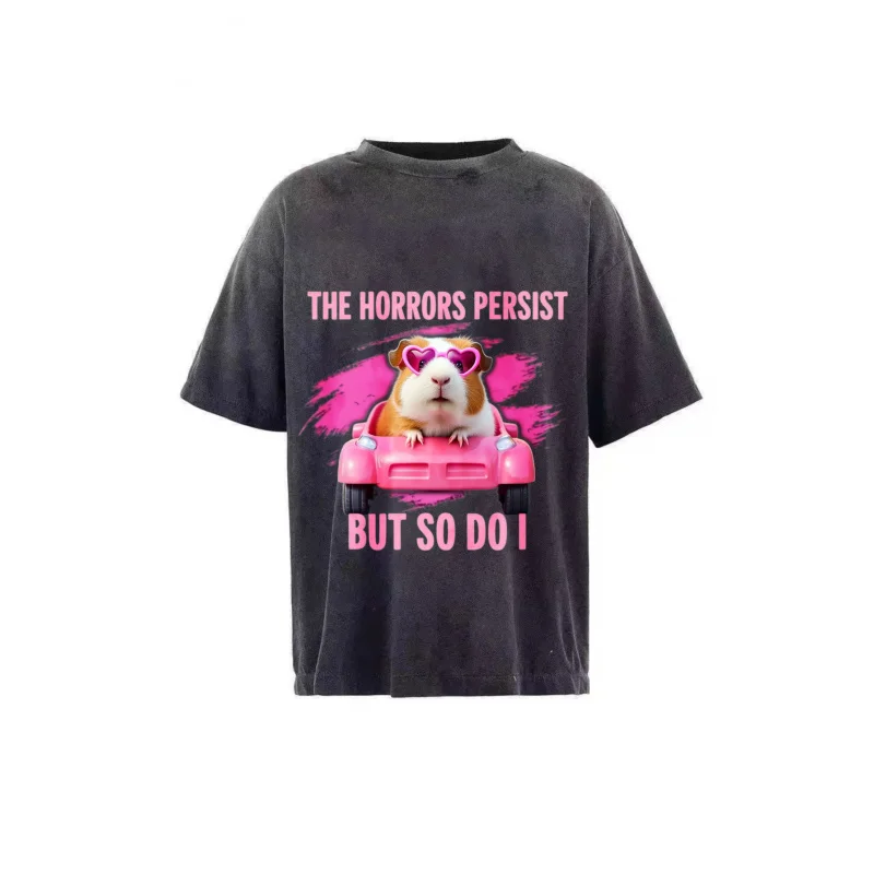 تي شيرت رجالي مغسول باللون الأسود The Horrors يستمر ولكن أنني أفعل ذلك خنزير باللون الوردي نمط مطبوع ونص عالي الجودة 100% قطن #2