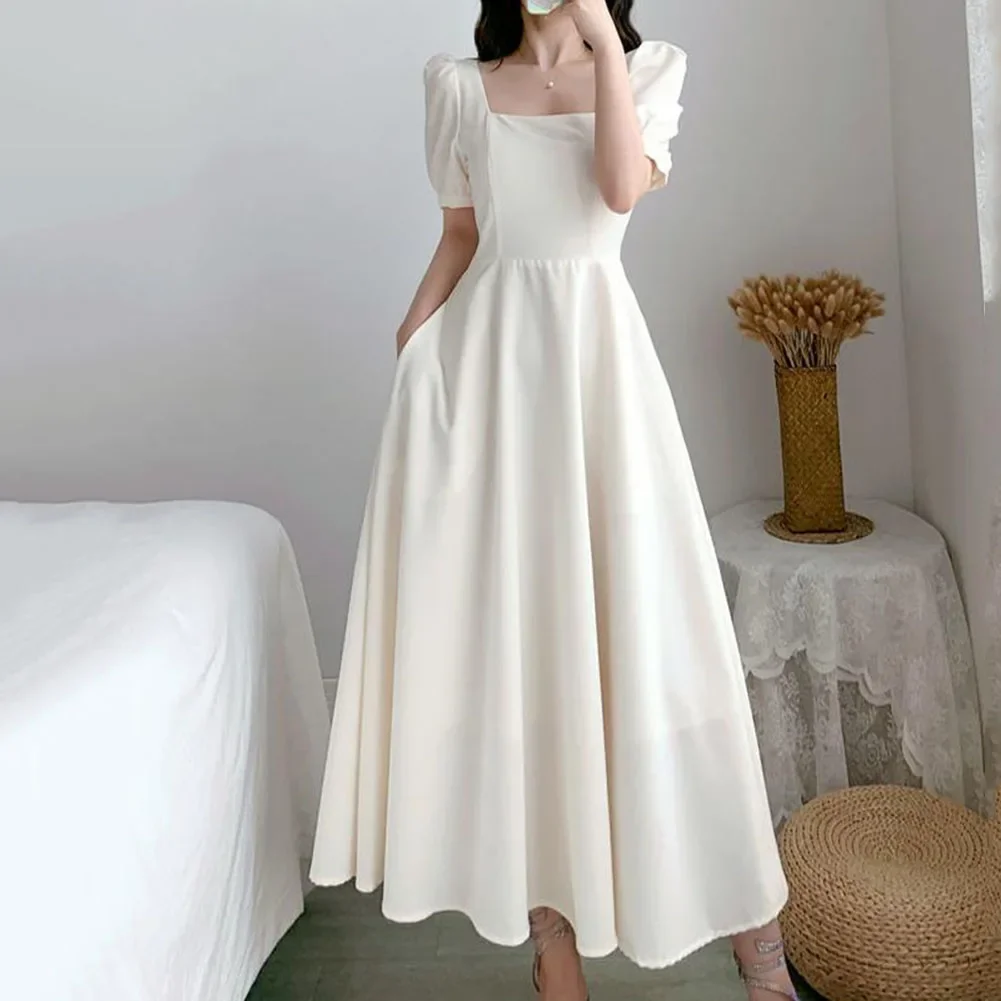 

Women Red Puff Sleeve Elegant Dress Square Collar A-line Casual Dresses Solid Wedding Dress Beach Vestidos For Ladies Summer