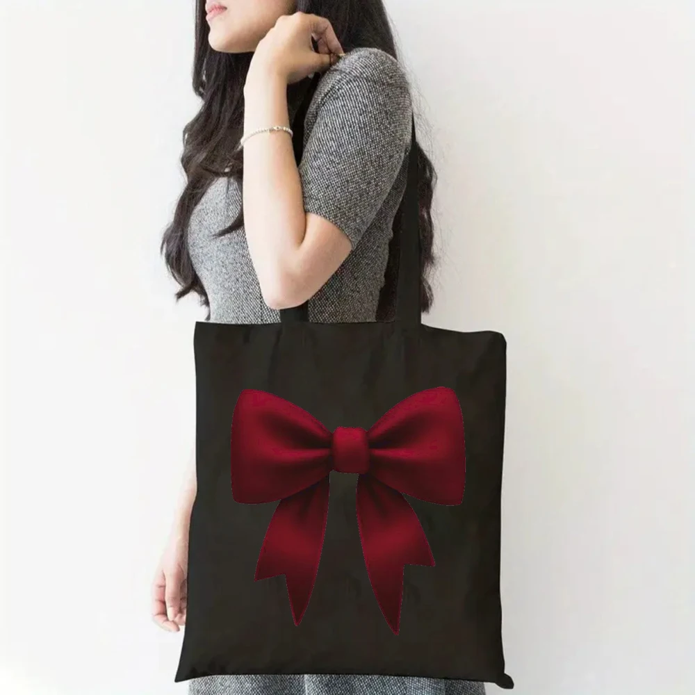 Elegant Burgundy Bow Graphic Canvas Tote Bag Casual Black Shoulder Bag with 2D Red Bow Print for Women Girl Daily Use