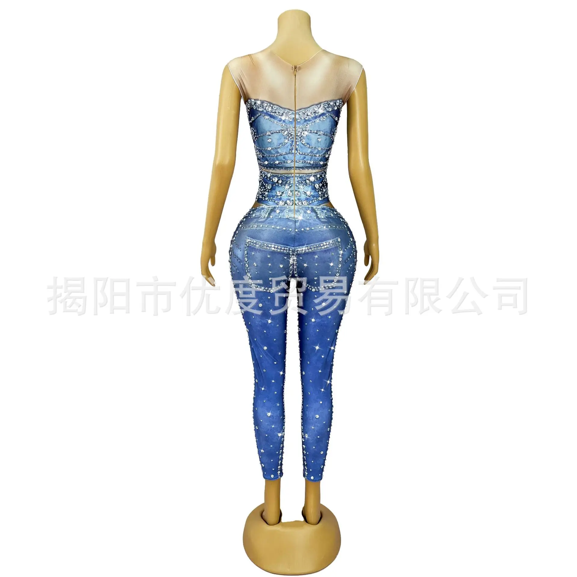 Glam Hand-painted Denim Handmade Rhinestone Dress Birthday Party Cocktail Night Show Jumpsuit Jeans Birthday Dresses Luxury Prom