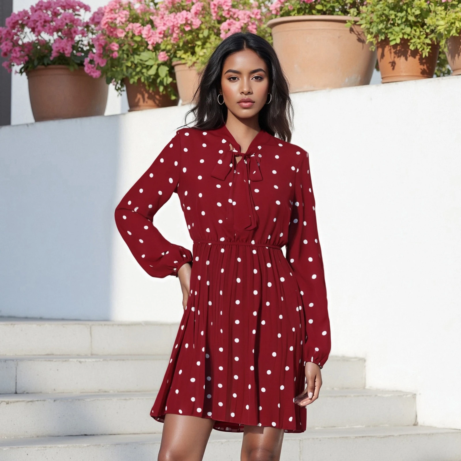 Nuove donne di moda autunno abito al ginocchio manica lunga allacciatura stampa a pois abito camicia in vita smock vendita calda S-XL