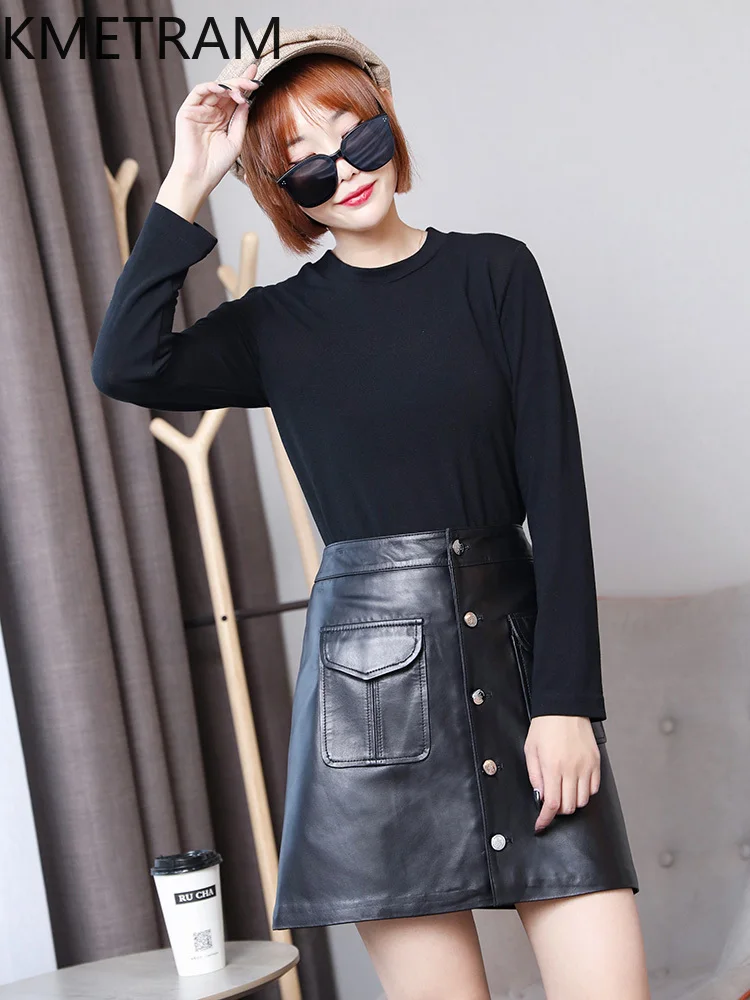 Real Sheepskin Skirts Elegant Genuine Leather Skirt for Women 2024 Autumn Winter Women's Clothes High Waist Mini Skirt Wrap Hip