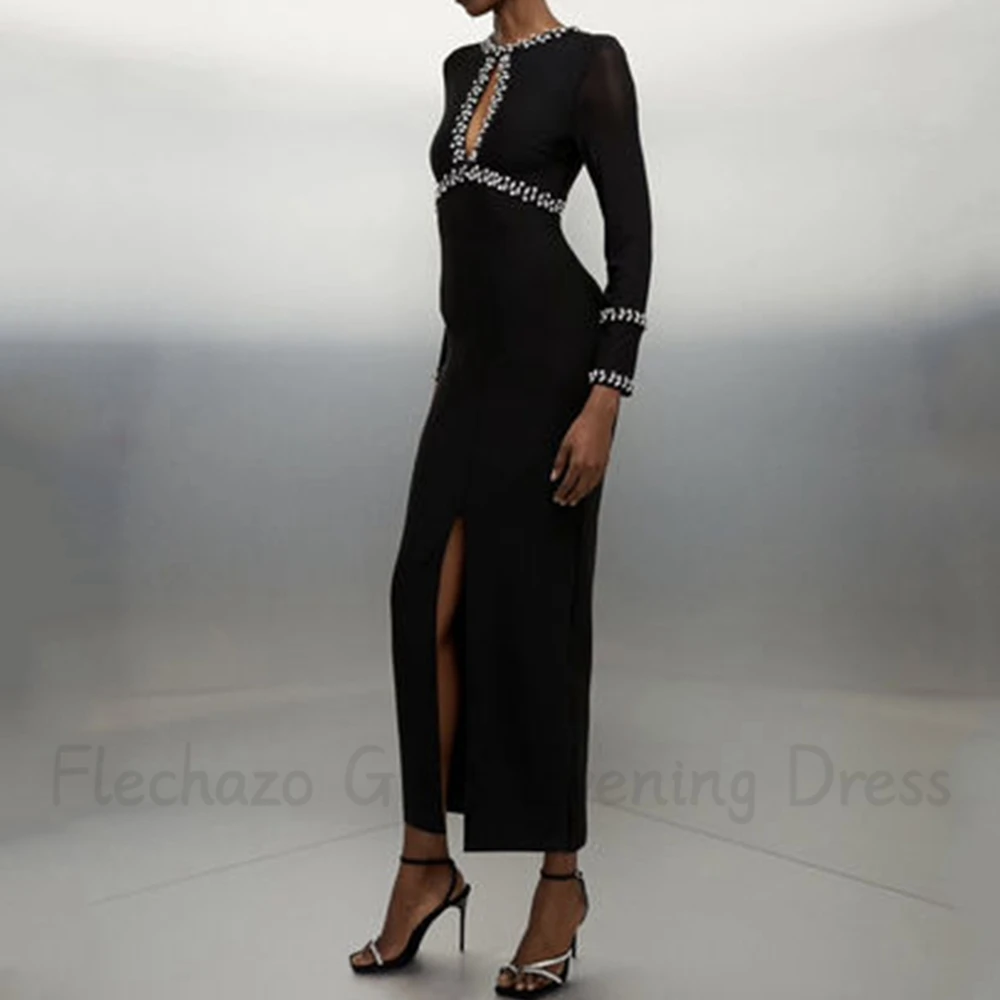 Flechazo Ankle Length Black Evening Dress O-Neck with Crystal Long Sleeve Sheath Sexy Front Slit Women Customized Gown for Party