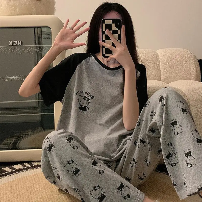 Casual Hello Kittys Spring Autumn Long Sleeved Pajama Set Black Gray Color Long Pajamas Suit Winter Warm Homewear Christmas Gift